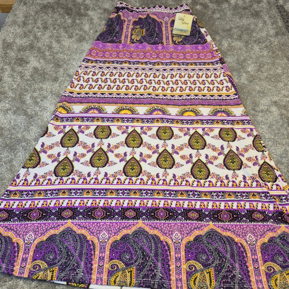NEW Lily Star Womens Small Purple Paisley Floral Border Print Maxi Skirt Boho